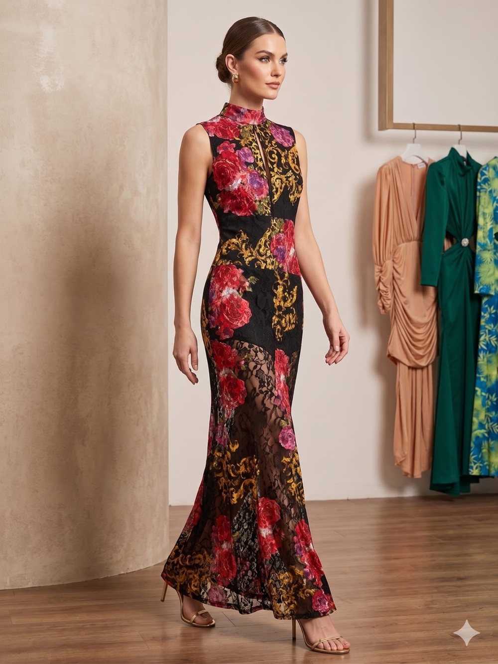 Black Floral Lace High-Neck Maxi Dress with Gold Baroque Detail